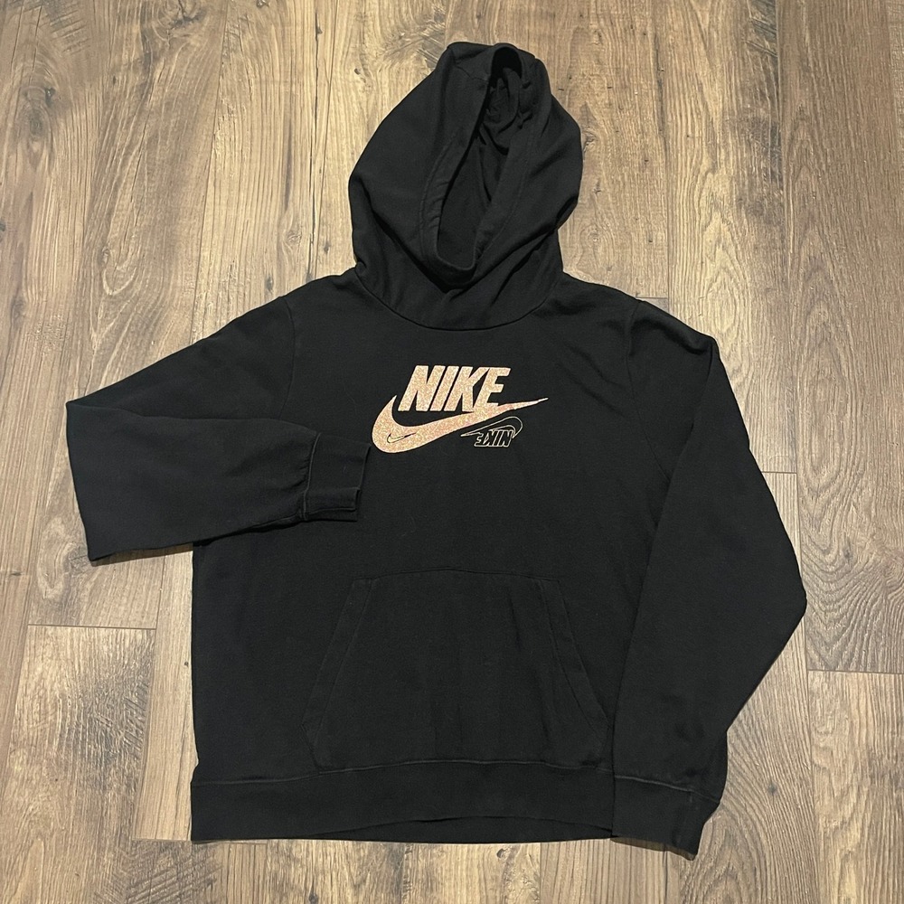 Nike Women Black Rose Gold Glitter Logo Pullover Hoodie DO6195-010 Large